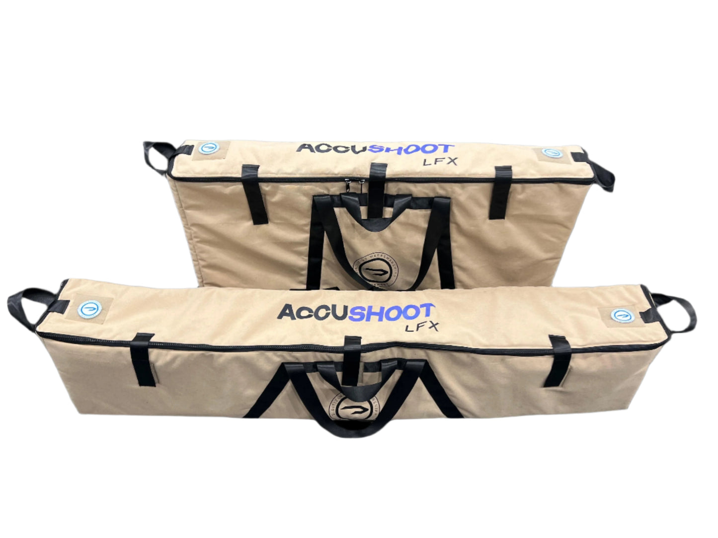 Two beige bags with 'AccuShoot' branding on a gray floor.