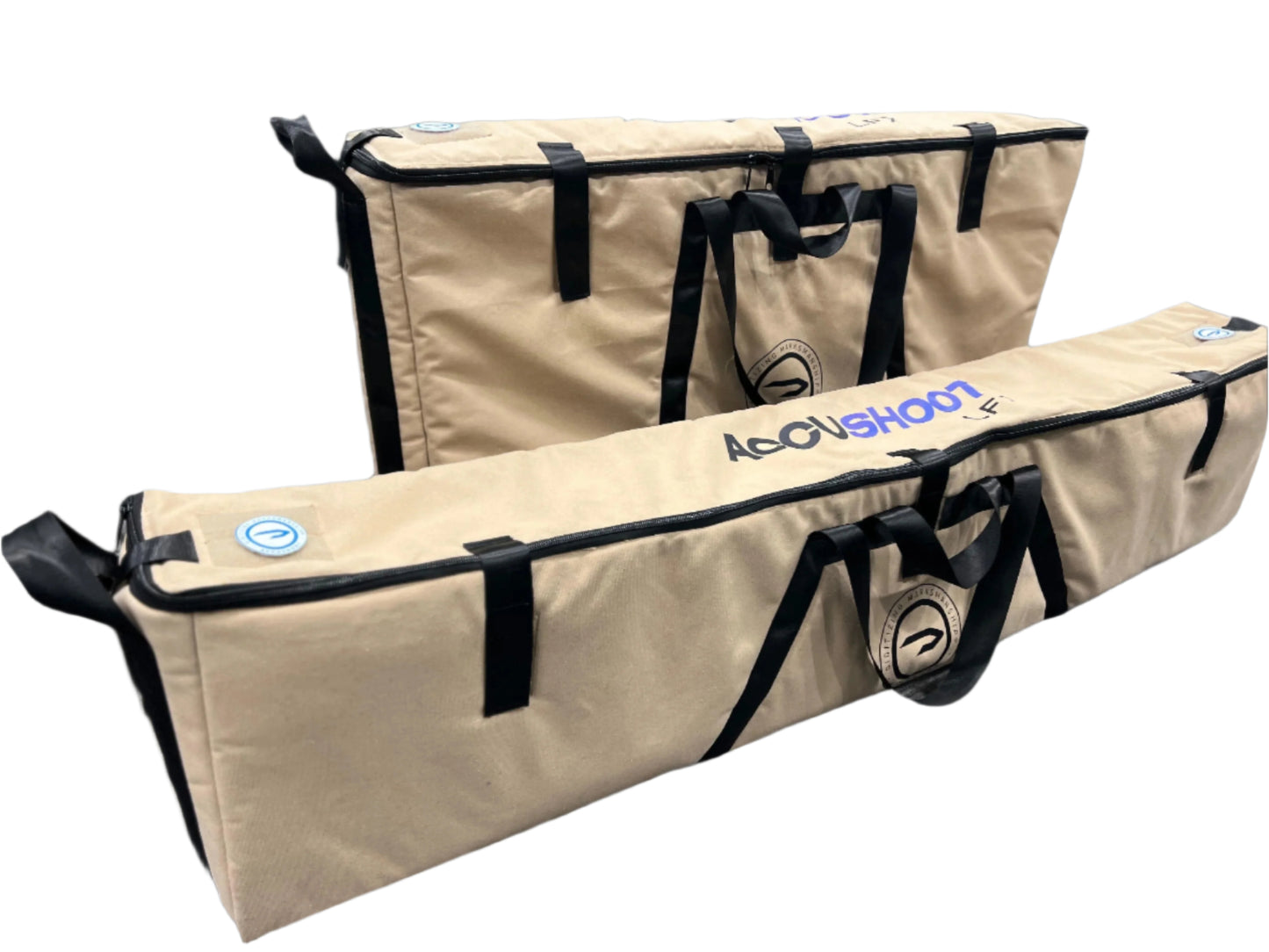 Two beige carrying cases with black straps on a black background