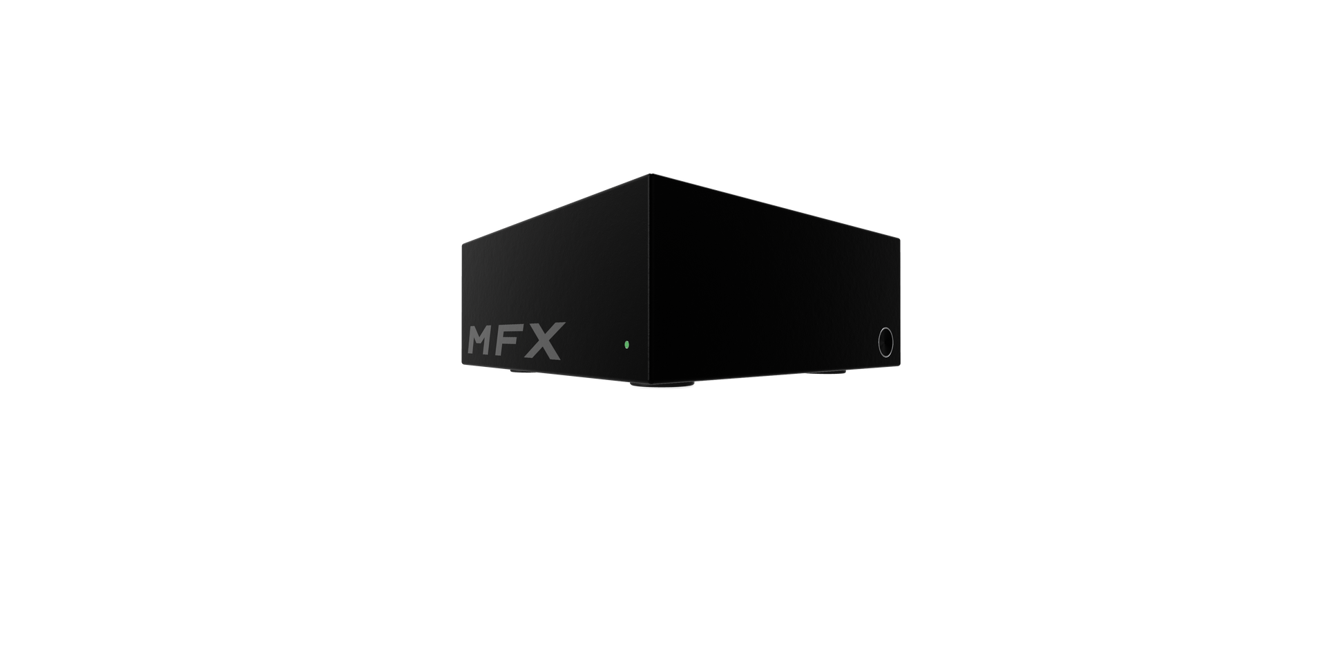 Black cube-shaped device with 'MFX' branding on a white background