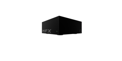 Black cube-shaped device with 'MFX' branding on a white background