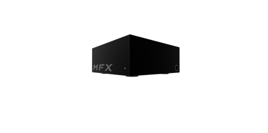 Black cube-shaped device with 'MFX' branding on a white background